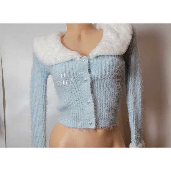 Hello Kitty & Friends X Forever 21 Blue Knit Cardigan W/Faux Fur Collar & Cuff - Picture 10 of 16